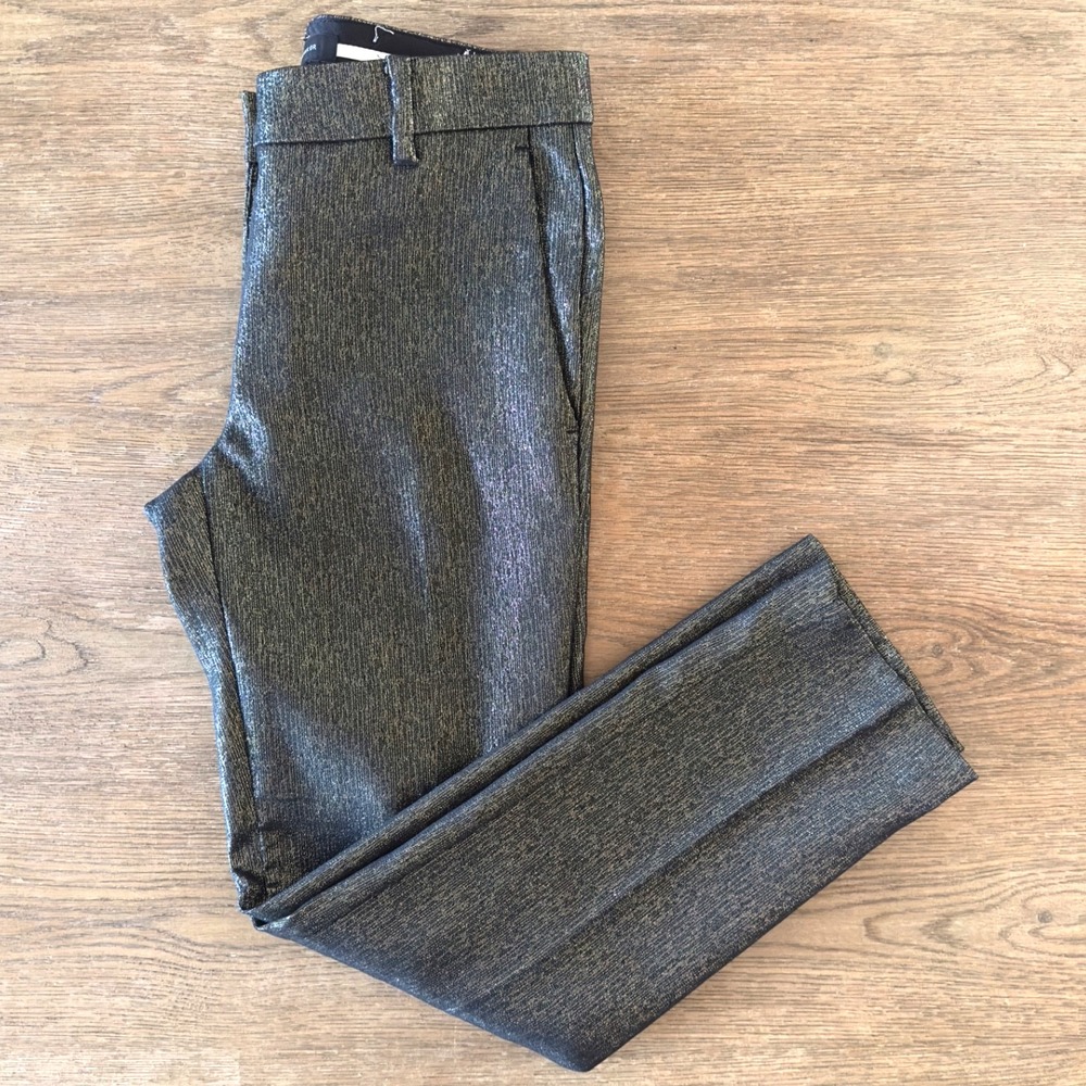Ann Taylor Gold Metallic Thread Lurex Sparkle Tailored Slim Cigarette Pant-Sze 0
